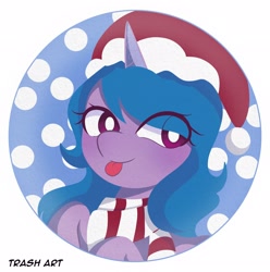 Size: 2028x2048 | Tagged: safe, artist:eltrash_art6, imported from derpibooru, izzy moonbow, pony, unicorn, :p, blushing, christmas, clothes, cute, female, g5, hat, holiday, horn, icon, izzybetes, mare, santa hat, scarf, snow, solo, tongue out