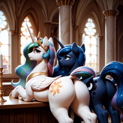 Size: 1024x1024 | Tagged: safe, imported from twibooru, princess celestia, princess luna, alicorn, pony, ai content, ai generated, butt, candle, counter, dock, female, folded wings, image, looking at you, looking back, looking back at you, mare, palace, photorealistic, plot, png, siblings, sisters, smiling, wings