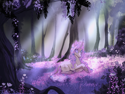 Size: 2448x1855 | Tagged: safe, artist:peachmichea, imported from derpibooru, fluttershy, pony, unicorn, commission, dappled sunlight, female, flower, flower in hair, forest, horn, mare, nature, race swap, solo, species swap, tree, unicorn fluttershy