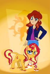 Size: 1412x2100 | Tagged: safe, artist:prixy05, imported from derpibooru, sunset shimmer, human, pony, unicorn, clothes, female, gradient background, horn, human ponidox, humanized, leonine tail, light skin, self paradox, self ponidox, solo, tail