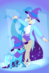 Size: 1412x2100 | Tagged: safe, artist:prixy05, imported from derpibooru, trixie, human, pony, unicorn, cape, clothes, female, gradient background, hat, horn, human ponidox, humanized, leonine tail, light skin, self paradox, self ponidox, solo, tail, trixie's cape, trixie's hat