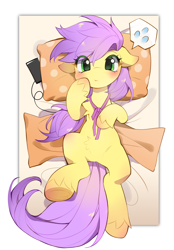 Size: 2916x4200 | Tagged: safe, artist:amo, imported from derpibooru, oc, oc only, oc:plum blossoms, earth pony, pony, bed, blushing, bowtie, cellphone, chest fluff, commission, earbuds, emoji, female, frog (hoof), hoof on chest, indoors, looking at you, lying down, mare, neck ribbon, on back, on bed, out of frame, passepartout, phone, pillow, polka dots, smartphone, solo, speech bubble, text, underhoof, unshorn fetlocks, 💦