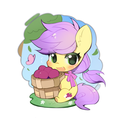 Size: 3500x3500 | Tagged: safe, artist:amo, imported from derpibooru, oc, oc only, oc:plum blossoms, butterfly, earth pony, pony, basket, blushing, bowtie, earth pony oc, female, grass, grass field, green eyes, leaves, looking at you, mare, outdoors, plum, purple mane, simple background, smol, solo, tree, white background