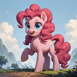 Size: 1024x1024 | Tagged: safe, imported from twibooru, pinkie pie, bird, earth pony, pony, ai content, ai generated, cloud, day, detailed background, double mane, female, generator:civitai, generator:prefect pony xl, generator:stable diffusion, grass, image, looking at you, mare, mountain, needs more jpeg, open mouth, open smile, outdoors, prompter:iwtcipp, raised hoof, sky, smiling, smiling at you, solo, standing, tree