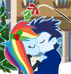 Size: 1277x1341 | Tagged: safe, artist:soarindasher10, imported from derpibooru, rainbow dash, soarin', human, equestria girls, christmas, christmas tree, female, holiday, kiss on the lips, kissing, male, mistletoe, shipping, soarindash, straight, tree