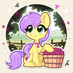 Size: 1000x1000 | Tagged: safe, artist:oofycolorful, imported from derpibooru, oc, oc only, oc:plum blossoms, earth pony, pony, basket, bowtie, earth pony oc, female, field, flower, mare, outdoors, plum, purple mane, railing, simple background, sitting, solo, tail, tail wrap, tree