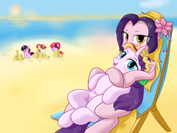 Size: 1400x1050 | Tagged: safe, artist:保镖, imported from derpibooru, oc, oc only, oc:meng jing, oc:meng xin, oc:meng yu, earth pony, pony, unicorn, beach, beach chair, chair, horn, hug, looking at you, sand, sun