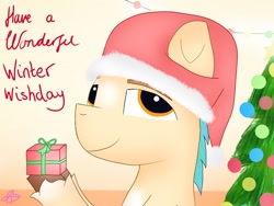 Size: 1024x768 | Tagged: safe, artist:heart k art, imported from derpibooru, hitch trailblazer, earth pony, pony, series:heart k art g5 advent calendar, advent calendar, caption, christmas, christmas tree, g5, hat, holiday, indoors, male, merry christmas, present, santa hat, solo, stallion, text, tree