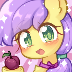 Size: 450x450 | Tagged: safe, artist:yilo, imported from derpibooru, oc, oc only, oc:plum blossoms, earth pony, pony, blushing, bowtie, female, green eyes, hoof hold, looking at you, mare, plum, purple mane, simple background, smiling, smiling at you, solo