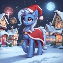 Size: 4608x4608 | Tagged: safe, imported from twibooru, trixie, pony, unicorn, ai content, ai generated, bell, chest fluff, christmas, clothes, costume, ear fluff, female, fireworks, fluffy, full moon, generator:stable diffusion, hat, holiday, horn, image, mare, moon, needs more jpeg, night, outdoors, ponyville, prompter:thelight3d, santa costume, santa hat, snow, snowfall, solo, tail, winter