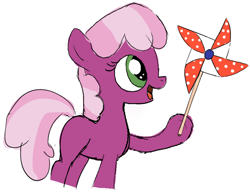 Size: 1510x1183 | Tagged: safe, artist:bobbly, imported from twibooru, cheerilee, pony, blank flank, female, filly, image, looking at something, open smile, pinwheel (toy), png, redraw, simple background, smiling, white background