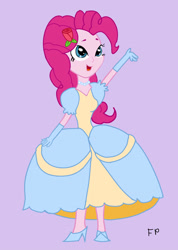 Size: 1280x1797 | Tagged: safe, artist:funnypancake, imported from twibooru, pinkie pie, human, equestria girls, cinderella, clothes, cute, diapinkes, dress, evening gloves, female, flower, flower in hair, glass slipper (footwear), gloves, gown, image, jetlag productions, jewelry, long gloves, necklace, needs more jpeg, pearl necklace, poofy shoulders, rose, solo