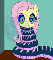 Size: 1200x1359 | Tagged: safe, artist:dewottreborn, artist:genesis-wolf-leon, imported from twibooru, fluttershy, pegasus, pony, snake, coils, cute, cute smile, female, hypnoshy, hypnosis, hypnotized, image, kaa eyes, mare, png, shyabetes, smiling, solo, wrapped snugly, wrapped up