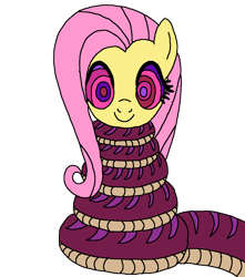 Size: 1200x1359 | Tagged: safe, artist:dewottreborn, artist:genesis-wolf-leon, imported from twibooru, fluttershy, pegasus, pony, snake, coils, cute, cute smile, female, hypnoshy, hypnosis, hypnotized, image, kaa eyes, mare, png, shyabetes, smiling, solo, vector, wrapped snugly, wrapped up