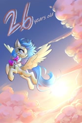 Size: 1600x2400 | Tagged: safe, artist:castle bravo, imported from derpibooru, oc, oc only, oc:zoran, oc:左岸, pegasus, pony, backlighting, birthday, bowtie, cloud, female, flying, mare, pegasus oc, smiling, solo, spread wings, sun, sunshine, tail, teal mane, teal tail, wings, yellow coat