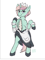 Size: 452x600 | Tagged: safe, artist:karamboll, imported from derpibooru, oc, oc only, oc:interest rate, pony, unicorn, fanfic:white waking, bipedal, carcassian, chest mouth, clothes, colored, commission, female, horn, maid, mare, mutation, sketch, smiling, solo, standing, teeth