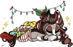 Size: 1600x1037 | Tagged: safe, artist:princessmoonsilver, imported from derpibooru, oc, oc:peppermint bark, pony, unicorn, christmas, christmas lights, clothes, female, holiday, horn, mare, simple background, sleeping, socks, solo, striped socks, transparent background