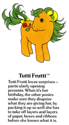 Size: 550x1000 | Tagged: safe, imported from derpibooru, earth pony, pony, bow, closed mouth, cute, female, g1, g1 backstory, mare, my little pony fact file, official, smiling, solo, tail, tail bow, text, tutti frutti, tuttibetes