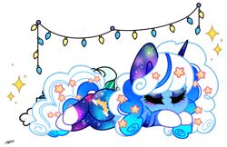 Size: 1600x1037 | Tagged: safe, artist:princessmoonsilver, imported from derpibooru, oc, oc:star chaser, pony, unicorn, christmas, christmas lights, female, holiday, horn, mare, simple background, sleeping, solo, transparent background