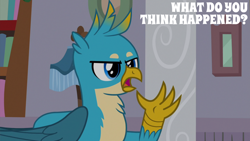 Size: 2000x1125 | Tagged: safe, edit, edited screencap, editor:quoterific, imported from derpibooru, screencap, gallus, griffon, the hearth's warming club, male, my little pony, solo