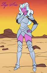 Size: 1200x1850 | Tagged: safe, alternate version, artist:linedraweer, imported from derpibooru, opaline arcana, human, equestria girls, antagonist, armor, cackling, commission, desert, female, g5, hair bun, laughing, solo, solo female, villainess, villainess laugh