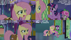 Size: 2000x1125 | Tagged: safe, edit, edited screencap, editor:quoterific, imported from derpibooru, screencap, fluttershy, spike, twilight sparkle, alicorn, dragon, pegasus, pony, a health of information, assertive fluttershy, bag, female, male, mare, my little pony, saddle bag, sleep mask, twilight sparkle (alicorn)