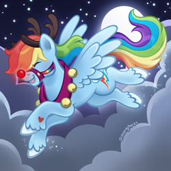 Size: 2400x2400 | Tagged: safe, artist:sparkytopia, imported from derpibooru, rainbow dash, pegasus, pony, animal costume, antlers, bridle, clothes, commission, costume, cute, dashabetes, eyes closed, female, flying, mare, moon, night, open mouth, open smile, outdoors, reindeer antlers, reindeer costume, rudolph dash, rudolph nose, signature, smiling, solo, spread wings, tack, unshorn fetlocks, wings, ych example, your character here