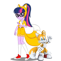 Size: 2048x2048 | Tagged: safe, artist:kalel156, imported from derpibooru, sci-twi, twilight sparkle, fox, human, equestria girls, clothes, cosplay, costume, female, male, miles "tails" prower, sonic the hedgehog (series)