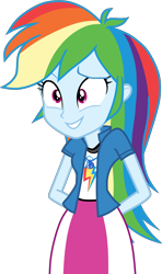 Size: 2959x5000 | Tagged: safe, artist:octosquish7260, imported from derpibooru, rainbow dash, human, equestria girls, clothes, cutie mark, cutie mark on clothes, equestria girls specials, female, geode of super speed, grin, jacket, magical geodes, my little pony equestria girls: movie magic, nervous, nervous grin, shirt, simple background, skirt, smiling, solo, teenager, transparent background