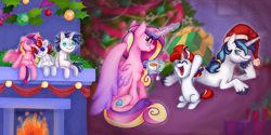 Size: 2160x1080 | Tagged: safe, artist:cloud-roots, imported from derpibooru, princess cadance, shining armor, oc, oc:prince scarlet heart, alicorn, pony, unicorn, christmas, christmas tree, colt, cup, family, female, fireplace, foal, hat, hearth's warming, hearth's warming doll, holiday, hoof on chin, horn, lying down, male, mare, offspring, open mouth, open smile, parent:princess cadance, parent:shining armor, parents:shiningcadance, present, prone, santa hat, shiningcadance, shipping, smiling, stallion, straight, teabag, teacup, tree, trio