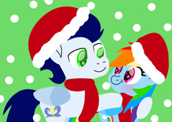 Size: 1280x907 | Tagged: safe, artist:mlplary6, imported from derpibooru, rainbow dash, soarin', pegasus, pony, christmas, clothes, female, hat, holiday, male, mare, santa hat, scarf, shipping, soarindash, stallion, straight