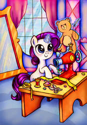 Size: 1420x2044 | Tagged: safe, artist:dariarchangel, imported from derpibooru, rarity, pony, unicorn, commission, female, filly, filly rarity, horn, plushie, sewing, sewing machine, sewing needle, teddy bear, younger