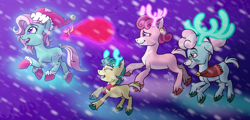 Size: 2300x1100 | Tagged: safe, artist:plumpony, imported from derpibooru, alice the reindeer, aurora the reindeer, bori the reindeer, minty, deer, pony, reindeer, christmas, clothes, costume, flying, g3, g3 to g4, generation leap, hat, hearth's warming eve, holiday, night, santa bag, santa costume, santa hat, snow, snowfall, socks