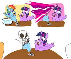 Size: 1723x1430 | Tagged: safe, artist:doodlesinky, imported from derpibooru, part of a set, rainbow dash, twilight sparkle, alicorn, pegasus, bone, card game, comic, dead, death, disproportionate retribution, magic, murder, skeleton, speech bubble, twilight sparkle (alicorn), uno