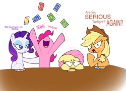 Size: 1024x742 | Tagged: safe, artist:doodlesinky, imported from derpibooru, part of a set, applejack, fluttershy, pinkie pie, rarity, earth pony, pegasus, pony, unicorn, angry, card game, cheering, floppy ears, horn, scared, speech bubble, text, uno