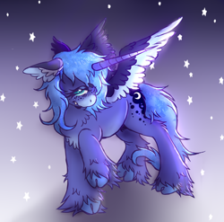 Size: 1638x1620 | Tagged: safe, artist:fairypills, artist:xx_pawdust_xx, artist:xxpuppycursed, imported from derpibooru, princess luna, alicorn, pony, beanbrows, chest fluff, cloven hooves, colored ear fluff, colored hooves, colored pinnae, colored wings, ear fluff, eyebrows, facial markings, fangs, feathered ears, female, fetlock tuft, frown, full body, glowing, glowing wings, gradient background, hock fluff, hooves, horn, leg fluff, long horn, mare, mealy mouth (coat marking), pale belly, raised hoof, s1 luna, shy, solo, sparkles, sparkly mane, sparkly tail, spread wings, standing, stars, tail, tail between legs, three quarter view, turned head, two toned wings, unshorn fetlocks, wings