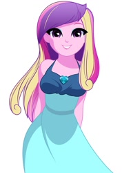 Size: 850x1200 | Tagged: safe, alternate version, artist:rosemile mulberry, imported from derpibooru, princess cadance, human, equestria girls, clothes, dean cadance, dress, female, grin, looking at you, nightmare moon is unimpressed, simple background, smiling, smiling at you, solo, white background