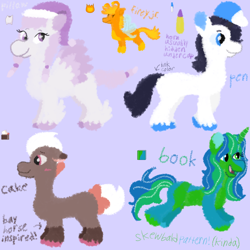 Size: 2048x2048 | Tagged: safe, artist:mintwhistle, imported from derpibooru, breezie, earth pony, pegasus, pony, unicorn, baseball cap, battle for dream island, blushing, book (battle for dream island), bow, cake (battle for dream island), cap, coat markings, colored hooves, colored wings, crossover, dot eyes, female, firey jr., flying, group, hairband, hat, heterochromia, hidden horn, hooves, horn, krita, lavender background, male, mare, multicolored coat, multicolored hair, multicolored wings, nightcap, open mouth, open smile, pale belly, pen (battle for dream island), pillow (battle for dream island), ponified, purple background, quintet, simple background, smiling, socks (coat markings), spread wings, stallion, tail, tail bow, unshorn fetlocks, wings