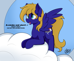 Size: 2585x2146 | Tagged: safe, artist:cloudybirb, imported from derpibooru, oc, oc only, oc:cloud quake, pegasus, pony, cloud, on a cloud, pegasus oc, solo, speech, spread wings, talking, text, tired, wings