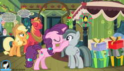 Size: 11061x6354 | Tagged: safe, artist:creedyboy124, artist:estories, imported from derpibooru, applejack, big macintosh, marble pie, sugar belle, earth pony, pony, unicorn, applejack's hat, background, bed, bedroom, brother and sister, christmas decoration, cowboy hat, duo, duo female, eyes closed, female, funny, hat, horn, kissing, lesbian, lesbian in front of boys, male, marbelle, mare, mistletoe, present, shipping, siblings, speech bubble, stallion, unicorn horn