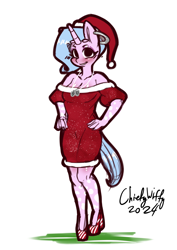 Size: 992x1403 | Tagged: safe, artist:chiefywiffy, imported from derpibooru, oc, oc:chiefy, anthro, unicorn, anthro oc, christmas, clothes, dress, ear piercing, earring, female, hat, high heels, holiday, horn, jewelry, mare, piercing, santa hat, shoes, simple background, solo, white background