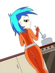 Size: 1768x2371 | Tagged: safe, artist:yaya54320bases, imported from derpibooru, dj pon-3, vinyl scratch, human, equestria girls, ass, base used, breasts, busty vinyl scratch, butt, cooking, latex, latex suit, looking back, solo, totally spies