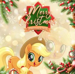 Size: 2744x2706 | Tagged: safe, artist:saltyvity, edit, imported from derpibooru, applejack, earth pony, pony, 2025, candy, christmas, christmas ball, christmas tree, food, gradient background, green eyes, happy, happy new year, holiday, looking at you, merry christmas, simple background, smiling, smiling at you, snow, solo, tree, yellow background, yellow hair