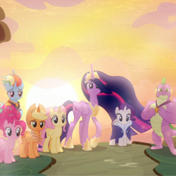 Size: 1000x1000 | Tagged: safe, edit, edited screencap, imported from derpibooru, screencap, applejack, fluttershy, pinkie pie, rainbow dash, rarity, spike, twilight sparkle, alicorn, the last problem, alicorn six, alicornified, applecorn, fluttercorn, good end, mane six, my little pony, pinkiecorn, race swap, rainbowcorn, raricorn, twilight sparkle (alicorn), what if, what should have happened, xk-class end-of-the-world scenario