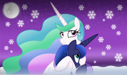 Size: 10053x5954 | Tagged: safe, artist:anime-equestria, imported from derpibooru, princess celestia, princess luna, alicorn, duo, female, horn, hug, moon, night, smiling, snow, snowflake, wings