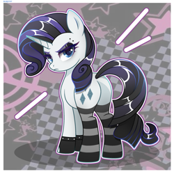 Size: 2048x2048 | Tagged: safe, artist:scarffist, derpibooru exclusive, imported from derpibooru, rarity, pony, unicorn, abstract background, alternate hairstyle, base used, blue eyes, butt, clothes, cute, emo, eyebrow piercing, eyelashes, eyeshadow, female, gloves, goth, horn, long hair, long mane, long tail, looking at you, looking back, looking back at you, makeup, mare, piercing, plot, rearity, serious, serious face, socks, solo, stockings, striped socks, tail, thigh highs, unamused