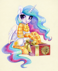 Size: 1212x1500 | Tagged: safe, artist:maytee, imported from derpibooru, princess celestia, alicorn, pony, box, christmas, clothes, holiday, present, scarf, sitting, smiling, socks, striped scarf, striped socks, traditional art