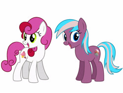 Size: 4096x3095 | Tagged: safe, artist:meghan12345, imported from derpibooru, strawberry surprise (g3), earth pony, pony, blue eyes, duo, duo female, female, g3, g3 to g4, generation leap, green eyes, looking back, open mouth, open smile, recolor, rotated head, simple background, smiling, standing, sunshower (g3), white background