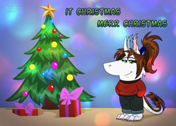 Size: 1600x1143 | Tagged: safe, artist:sunny way, imported from derpibooru, oc, oc:shasehra gaelehrion, anthro, ki'rinaes, original species, art, artwork, chill, chill girl, chill guy, christmas, christmas tree, cute, digital art, equis universe, female, fluffy, fur, holiday, lol, meme, merry christmas, paws, present, smiling, solo, tree