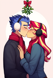 Size: 832x1216 | Tagged: safe, imported from derpibooru, flash sentry, sunset shimmer, equestria girls, christmas, female, flashimmer, holiday, kissing, male, mistletoe, prompter:siren-module, shipping, straight